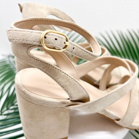 STUART WEITZMAN Beige Ave Ankle 75 Suede Open Toe Ankle Strap Sandal 8.5B NWOB - Picture 6 of 12